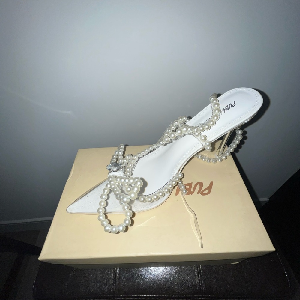 Public Desire Elegant White Heels with Pearl Embellishments